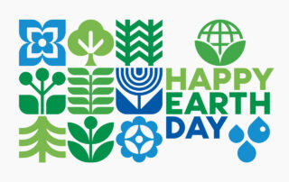 Illustration of Earth surrounded by plants, recycling symbols, and renewable energy icons representing Earth Day and global sustainability efforts.