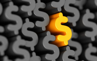 3D yellow dollar sign standing out from crowd symbolizing cost savings, profitability, and lifecycle value in asphalt production using additives and modifiers.