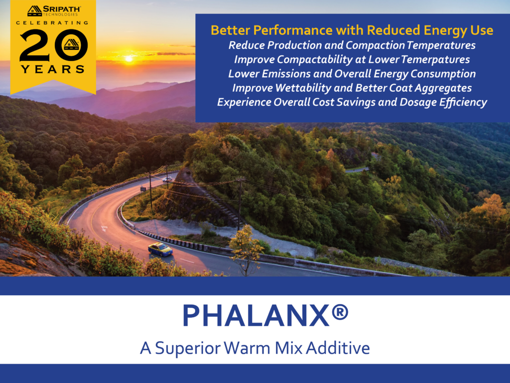 PHALANX-20th-Anniversary-Spotlight Graphic listing the benefits of PHALANX warm mix additive for asphalt highlighting better performance with reduced energy use.