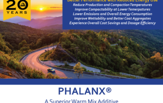 Graphic listing the benefits of PHALANX warm mix additive for asphalt highlighting better performance with reduced energy use.
