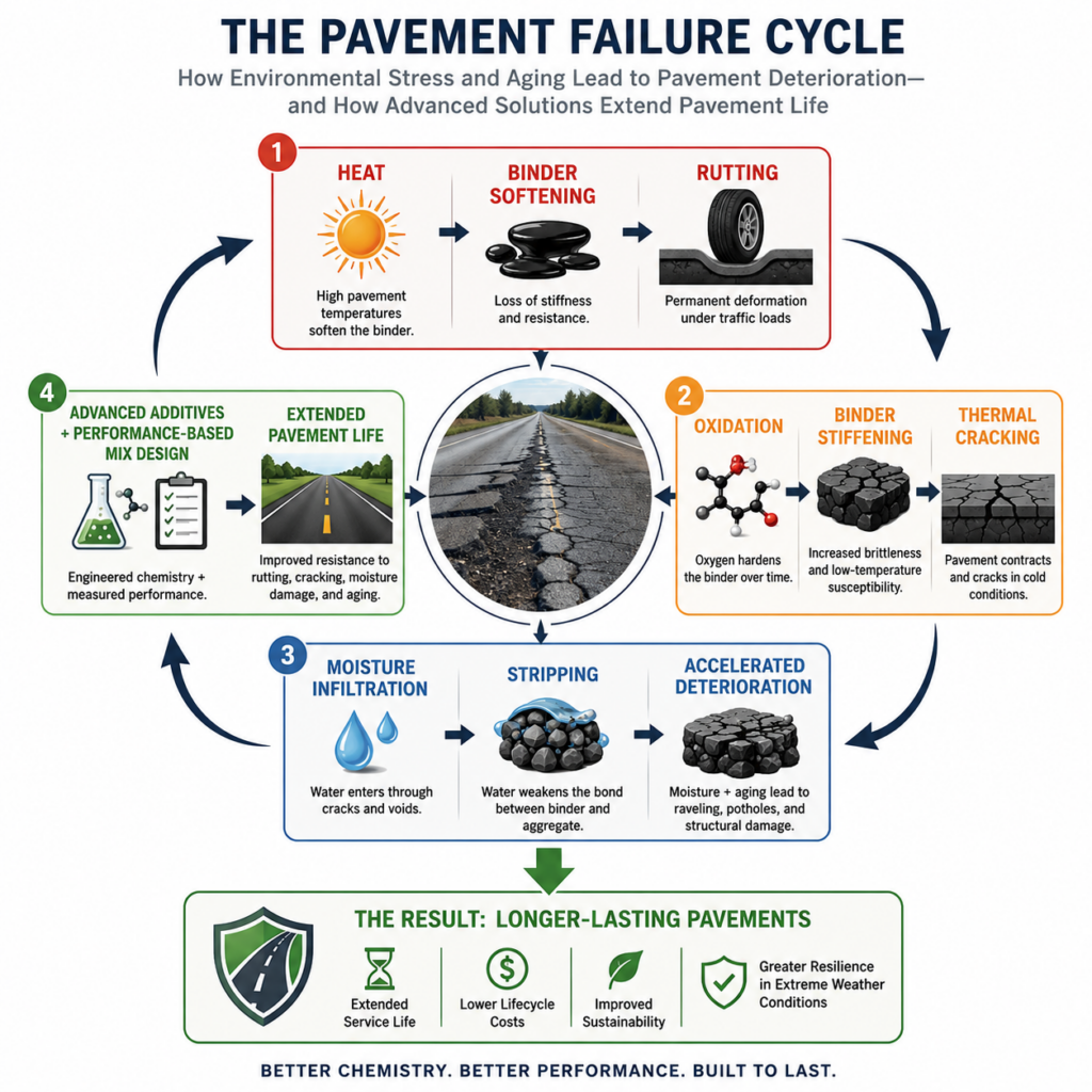 Pavement Failure Cycle Infographic illustrating asphalt durability in extreme weather conditions, showing how heat, oxidation, moisture, and asphalt aging contribute to rutting, thermal cracking, and pavement deterioration, and how advanced binder additives like PGXpand improve long-term pavement performance.