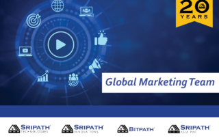 Graphic featuring various marketing function icons including social media, audience generation, and global reach to represent the Sripath global marketing team.