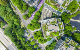 Plants growing on rooftops in a modern eco city, illustrating sustainable asphalt pavements and green infrastructure in urban development.