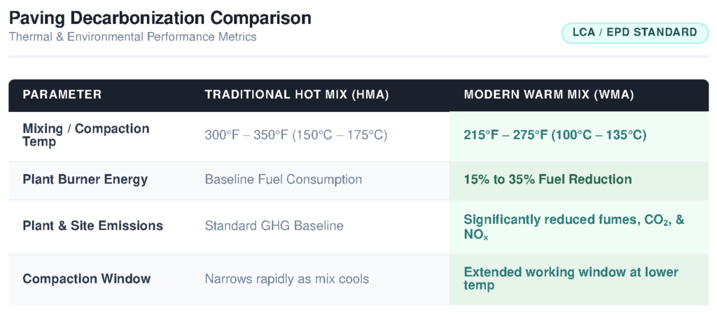 Paving_Decarbonization_Comparison_Graphic Table detailing a comparison of paving decarbonization parameters for traditional hot mix and warm mix asphalt.