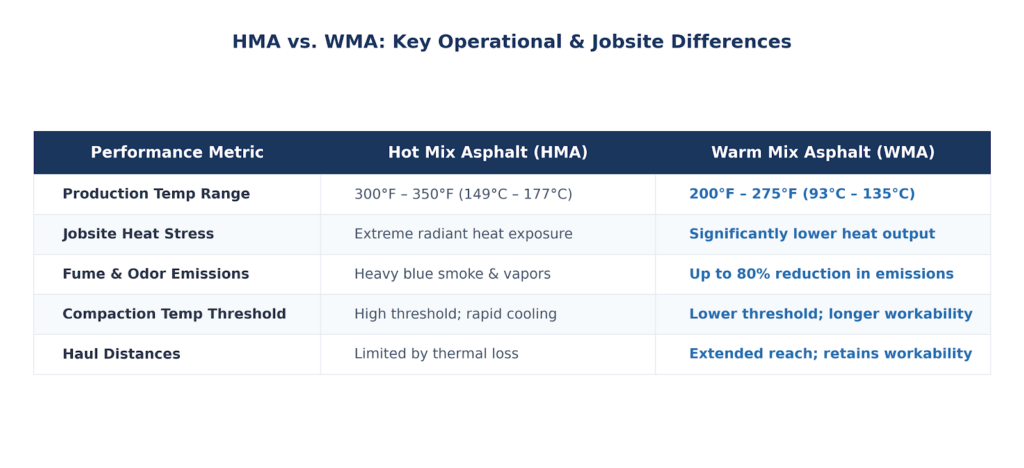 hma_vs_wma_comparison_graphic Comparison table illustrating key differences between Hot Mix Asphalt (HMA) and Warm Mix Asphalt (WMA) across production temperature ranges, jobsite heat stress, fume and odor emissions, compaction temperature thresholds, and haul distances.