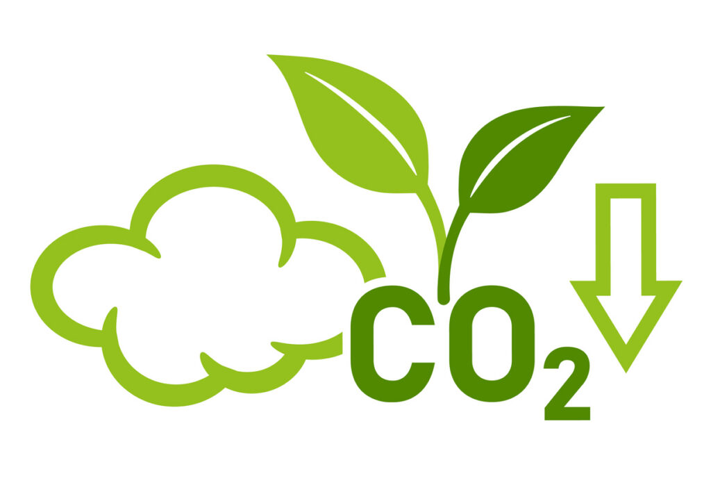 CO2 carbon dioxide emission reduction, carbonic greenhouse gas reduce, green clean eco technology. Neutral, low air pollution. Ecology control smoke cloud in atmosphere. Environment protection. Vector Graphic symbol representing CO2 reduction and sustainability in asphalt paving through low carbon technologies.